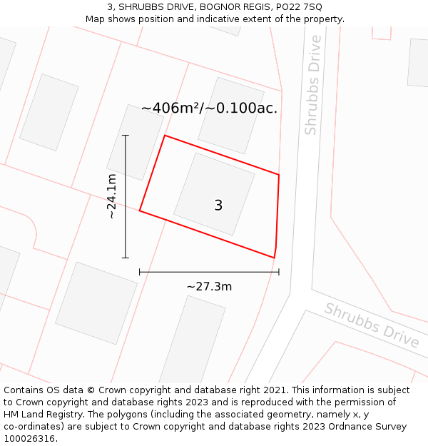 3, SHRUBBS DRIVE, BOGNOR REGIS, PO22 7SQ: Plot and title map