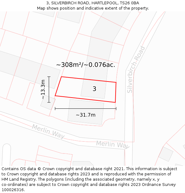 3, SILVERBIRCH ROAD, HARTLEPOOL, TS26 0BA: Plot and title map