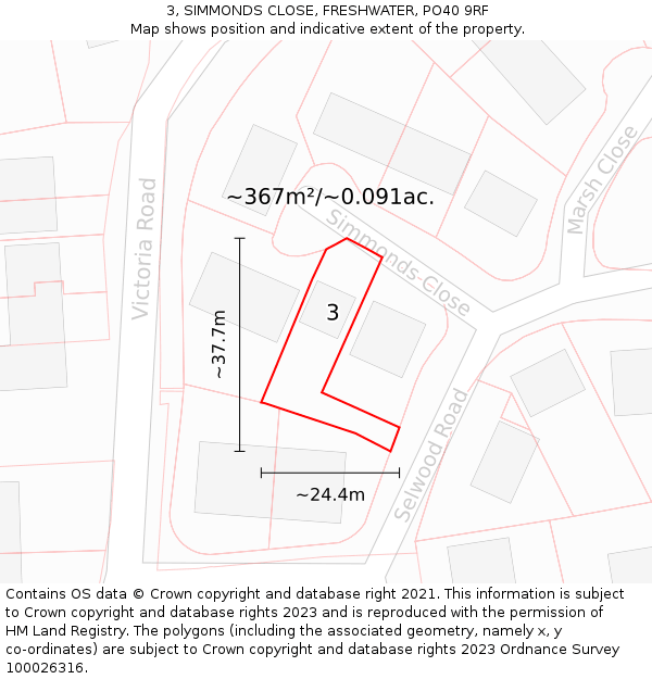 3, SIMMONDS CLOSE, FRESHWATER, PO40 9RF: Plot and title map