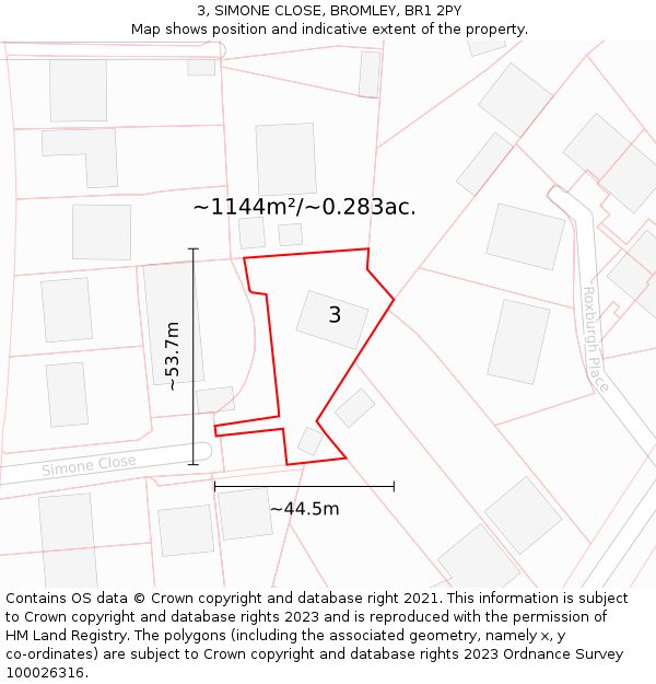 3, SIMONE CLOSE, BROMLEY, BR1 2PY: Plot and title map