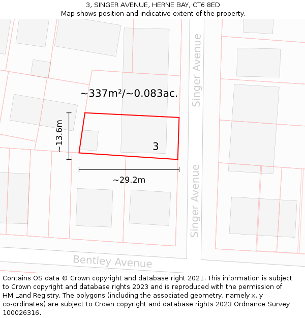 3, SINGER AVENUE, HERNE BAY, CT6 8ED: Plot and title map