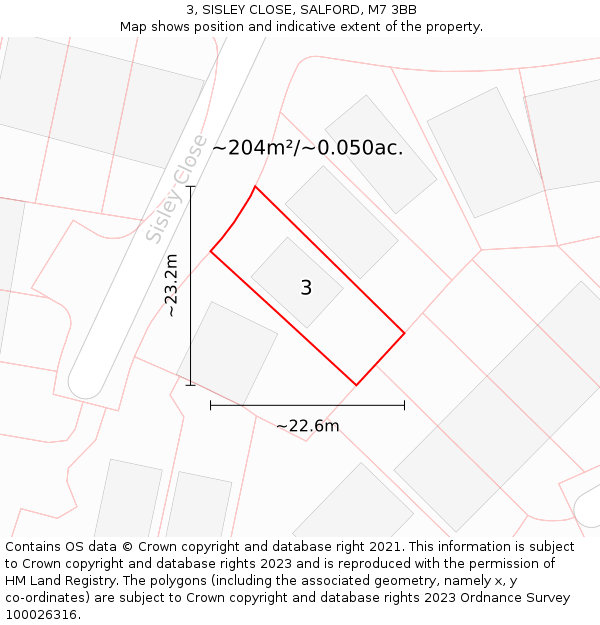 3, SISLEY CLOSE, SALFORD, M7 3BB: Plot and title map