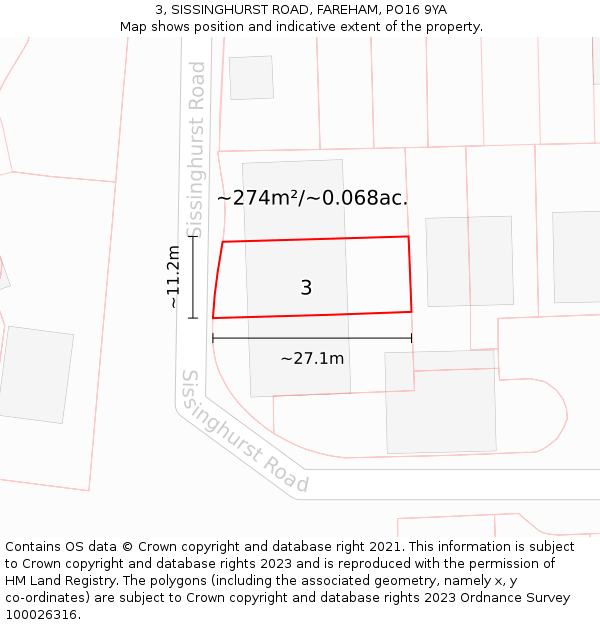 3, SISSINGHURST ROAD, FAREHAM, PO16 9YA: Plot and title map