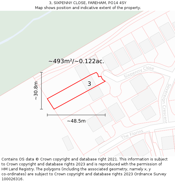 3, SIXPENNY CLOSE, FAREHAM, PO14 4SY: Plot and title map