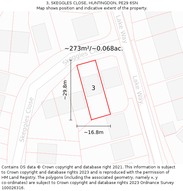 3, SKEGGLES CLOSE, HUNTINGDON, PE29 6SN: Plot and title map