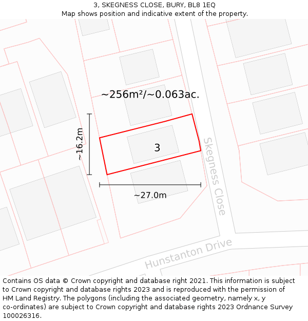3, SKEGNESS CLOSE, BURY, BL8 1EQ: Plot and title map