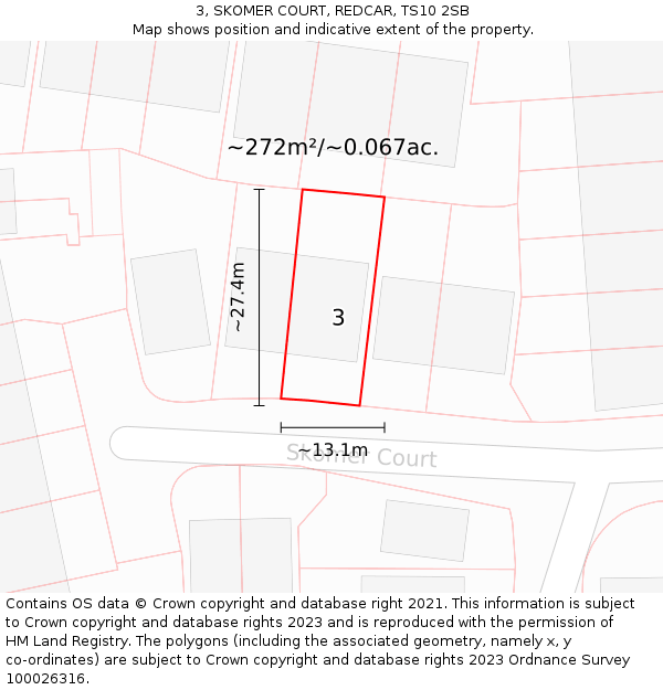 3, SKOMER COURT, REDCAR, TS10 2SB: Plot and title map