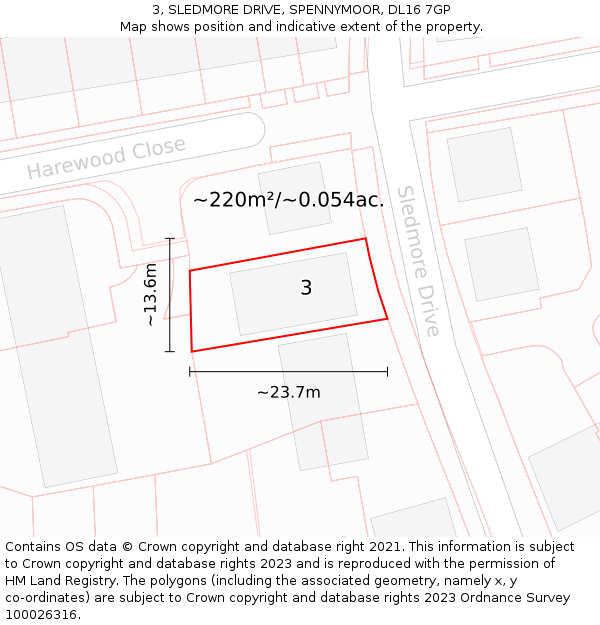 3, SLEDMORE DRIVE, SPENNYMOOR, DL16 7GP: Plot and title map