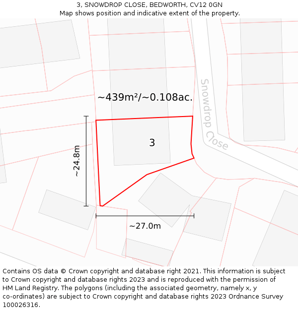 3, SNOWDROP CLOSE, BEDWORTH, CV12 0GN: Plot and title map