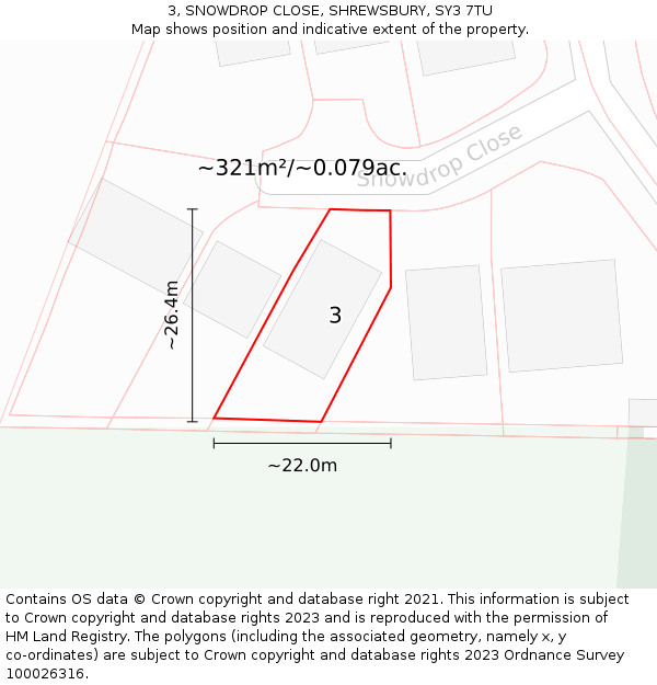 3, SNOWDROP CLOSE, SHREWSBURY, SY3 7TU: Plot and title map