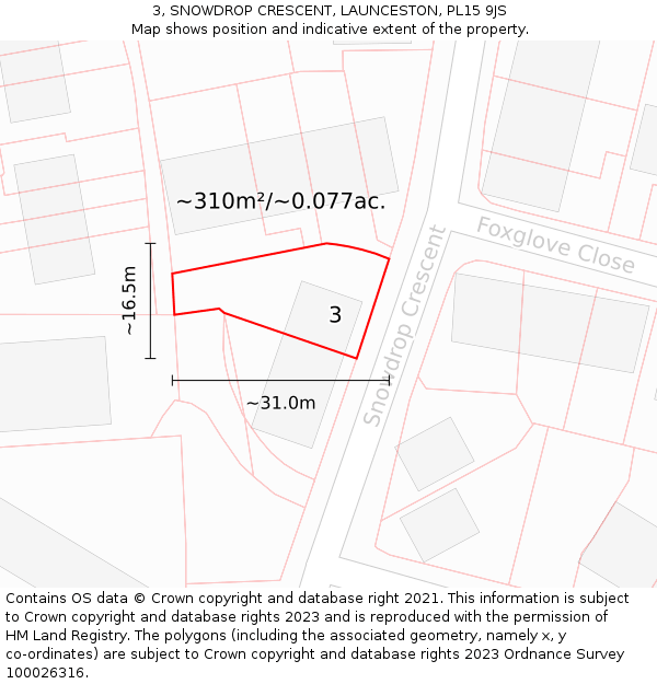 3, SNOWDROP CRESCENT, LAUNCESTON, PL15 9JS: Plot and title map