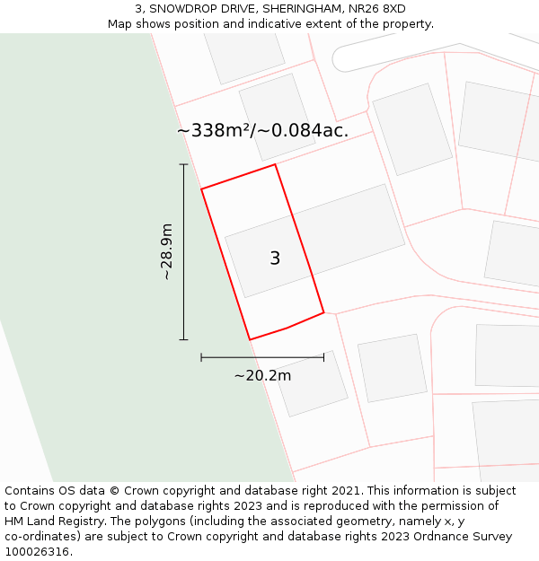 3, SNOWDROP DRIVE, SHERINGHAM, NR26 8XD: Plot and title map