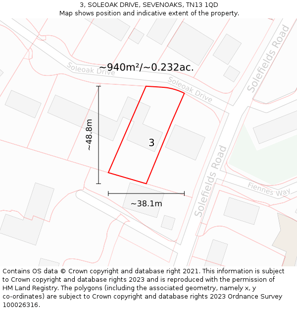 3, SOLEOAK DRIVE, SEVENOAKS, TN13 1QD: Plot and title map