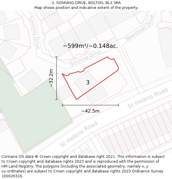 3, SONNING DRIVE, BOLTON, BL3 3RA: Plot and title map