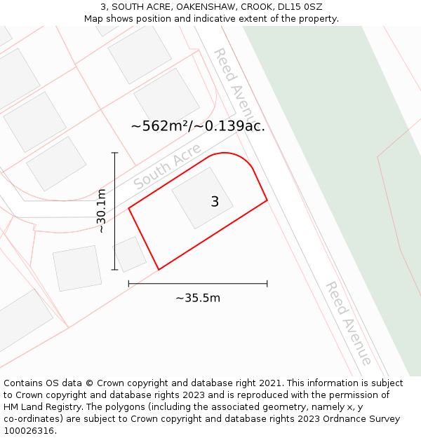 3, SOUTH ACRE, OAKENSHAW, CROOK, DL15 0SZ: Plot and title map