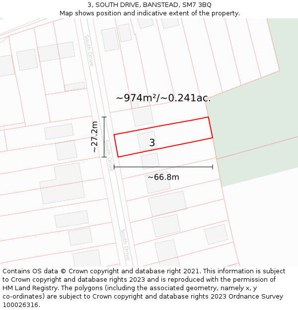 3, SOUTH DRIVE, BANSTEAD, SM7 3BQ: Plot and title map