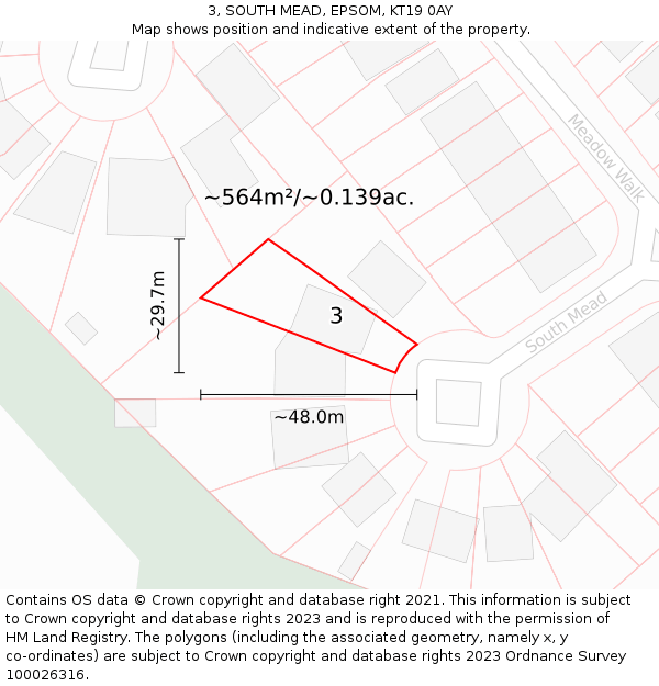 3, SOUTH MEAD, EPSOM, KT19 0AY: Plot and title map