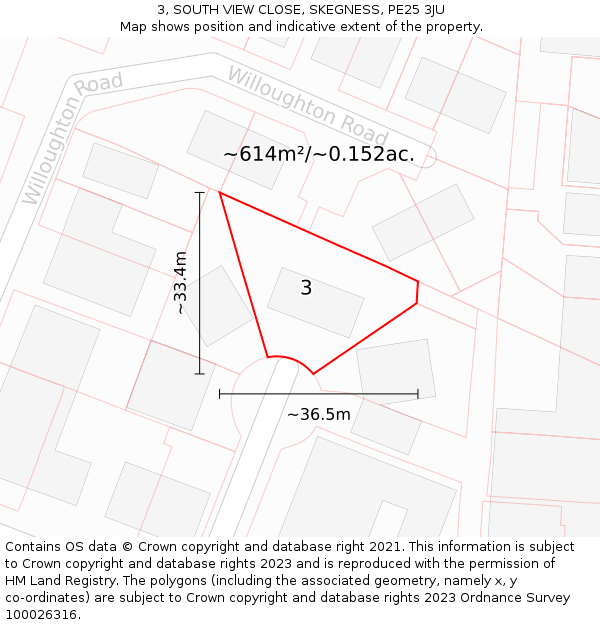 3, SOUTH VIEW CLOSE, SKEGNESS, PE25 3JU: Plot and title map