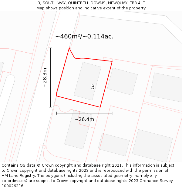 3, SOUTH WAY, QUINTRELL DOWNS, NEWQUAY, TR8 4LE: Plot and title map