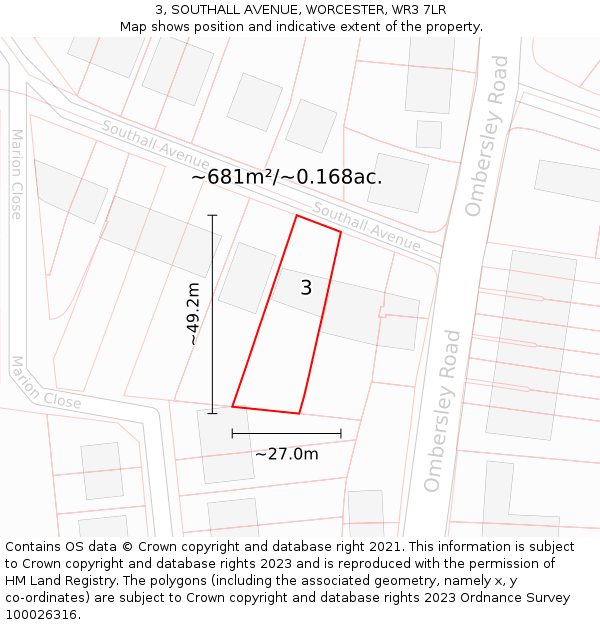3, SOUTHALL AVENUE, WORCESTER, WR3 7LR: Plot and title map