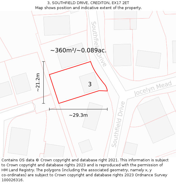 3, SOUTHFIELD DRIVE, CREDITON, EX17 2ET: Plot and title map