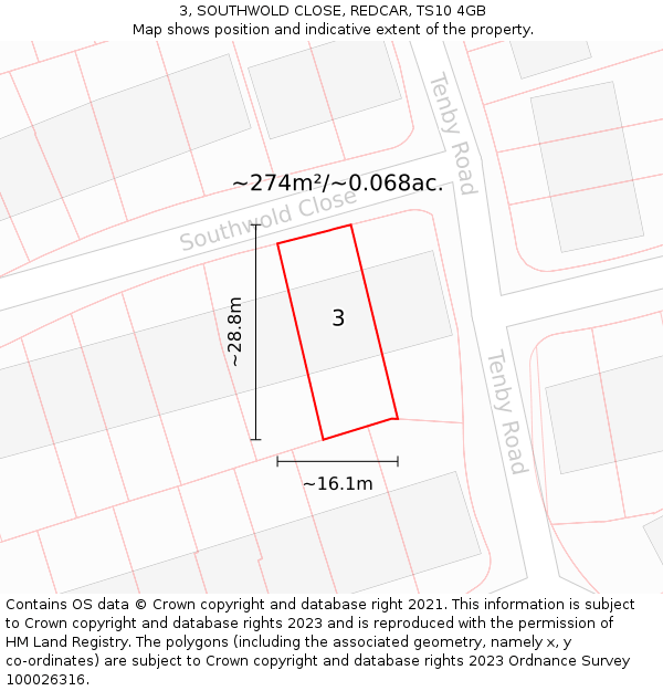 3, SOUTHWOLD CLOSE, REDCAR, TS10 4GB: Plot and title map