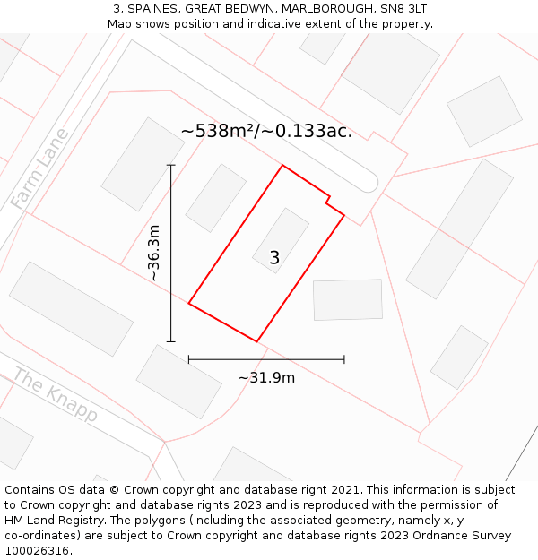 3, SPAINES, GREAT BEDWYN, MARLBOROUGH, SN8 3LT: Plot and title map