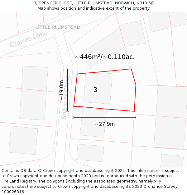 3, SPENCER CLOSE, LITTLE PLUMSTEAD, NORWICH, NR13 5JE: Plot and title map