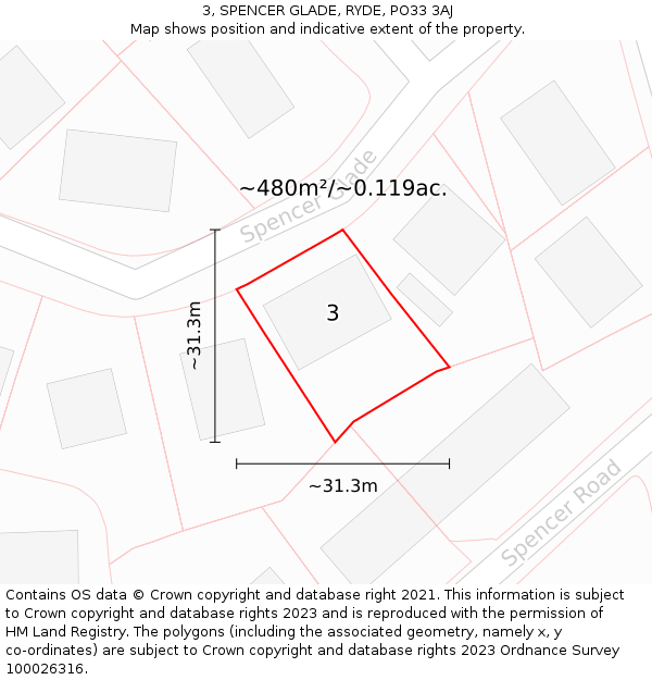 3, SPENCER GLADE, RYDE, PO33 3AJ: Plot and title map
