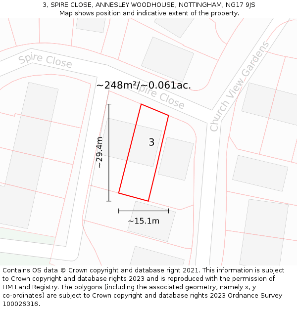 3, SPIRE CLOSE, ANNESLEY WOODHOUSE, NOTTINGHAM, NG17 9JS: Plot and title map