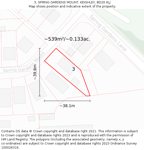 3, SPRING GARDENS MOUNT, KEIGHLEY, BD20 6LJ: Plot and title map