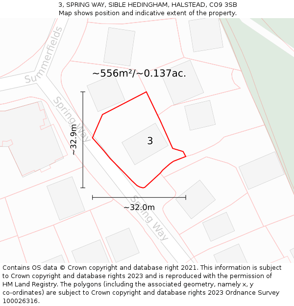 3, SPRING WAY, SIBLE HEDINGHAM, HALSTEAD, CO9 3SB: Plot and title map