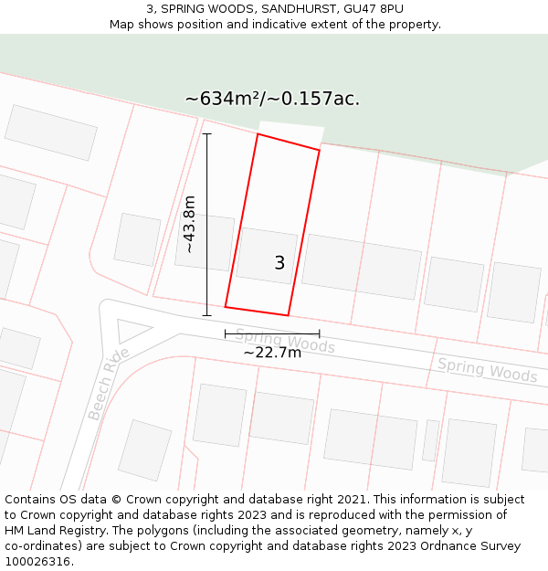 3, SPRING WOODS, SANDHURST, GU47 8PU: Plot and title map