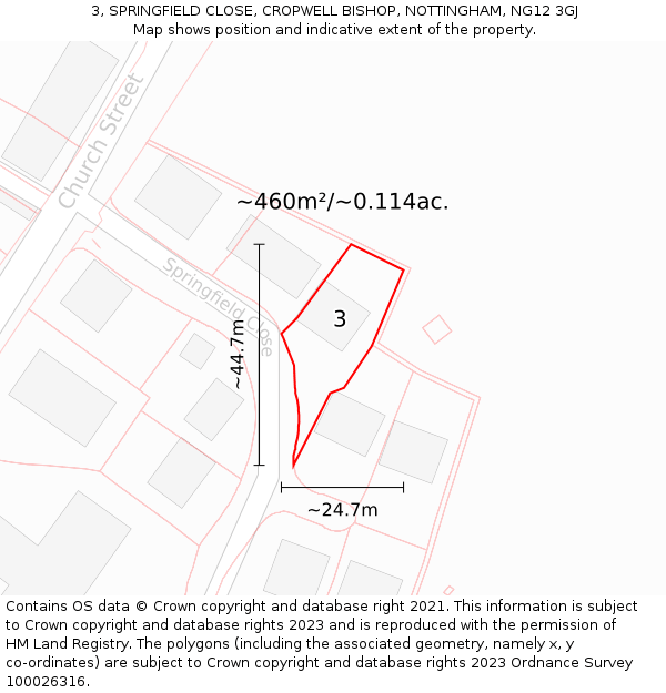 3, SPRINGFIELD CLOSE, CROPWELL BISHOP, NOTTINGHAM, NG12 3GJ: Plot and title map