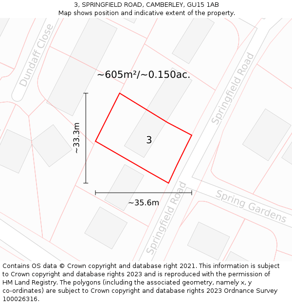 3, SPRINGFIELD ROAD, CAMBERLEY, GU15 1AB: Plot and title map