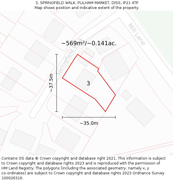 3, SPRINGFIELD WALK, PULHAM MARKET, DISS, IP21 4TP: Plot and title map