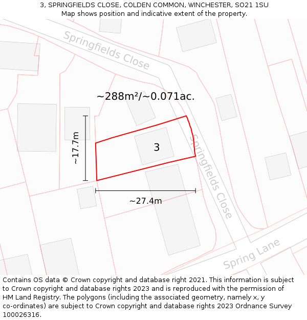 3, SPRINGFIELDS CLOSE, COLDEN COMMON, WINCHESTER, SO21 1SU: Plot and title map