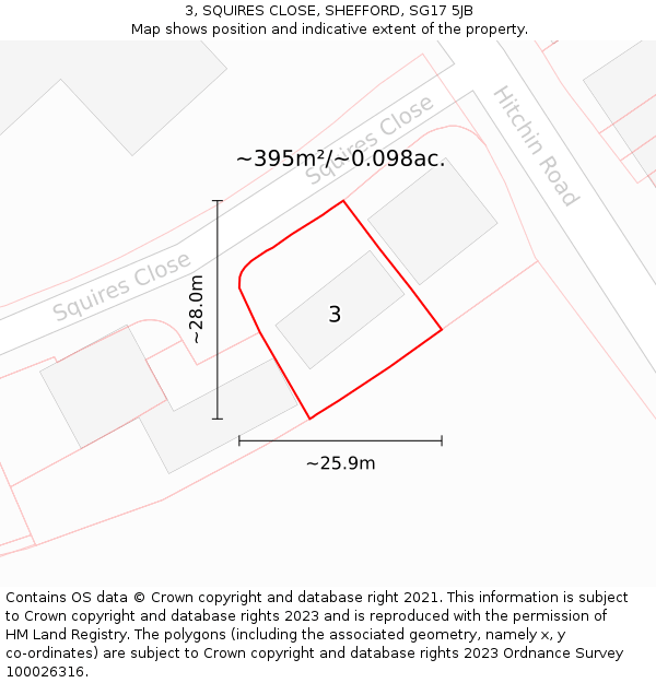 3, SQUIRES CLOSE, SHEFFORD, SG17 5JB: Plot and title map