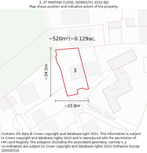 3, ST MARTINS CLOSE, SIDMOUTH, EX10 9JQ: Plot and title map