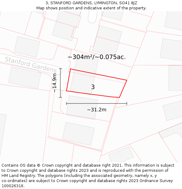 3, STANFORD GARDENS, LYMINGTON, SO41 8JZ: Plot and title map