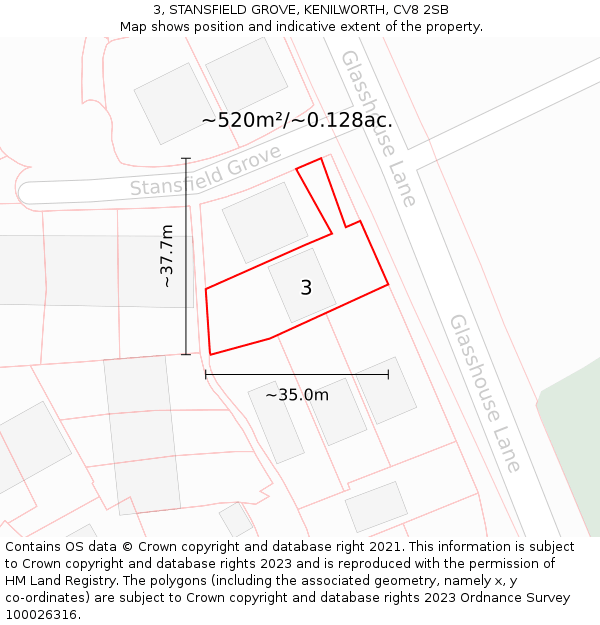 3, STANSFIELD GROVE, KENILWORTH, CV8 2SB: Plot and title map