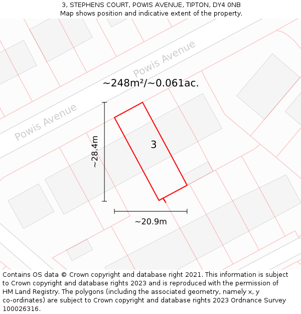 3, STEPHENS COURT, POWIS AVENUE, TIPTON, DY4 0NB: Plot and title map