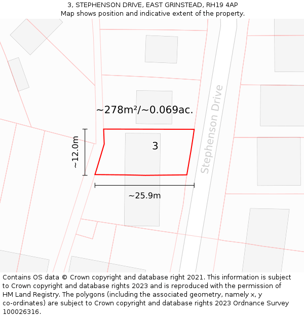 3, STEPHENSON DRIVE, EAST GRINSTEAD, RH19 4AP: Plot and title map