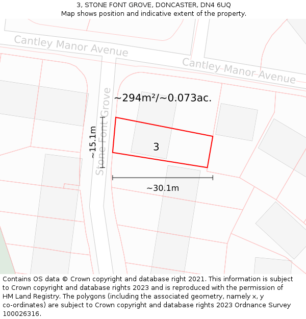 3, STONE FONT GROVE, DONCASTER, DN4 6UQ: Plot and title map