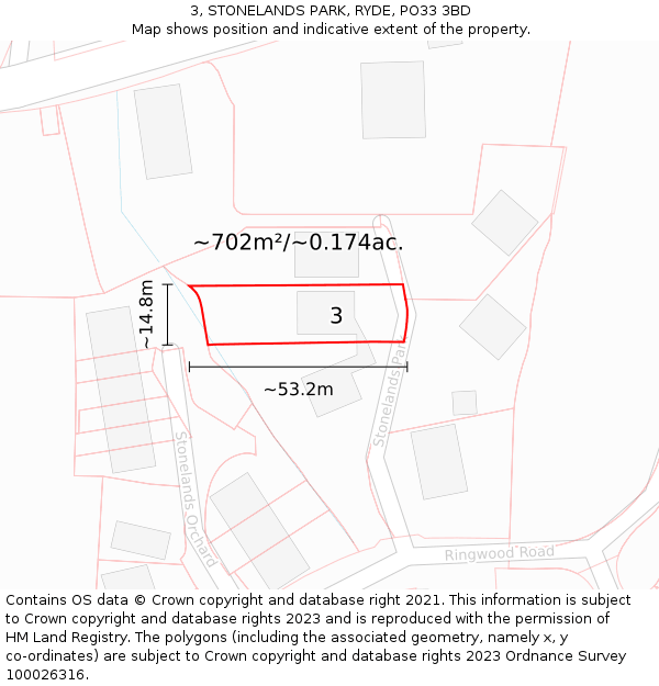3, STONELANDS PARK, RYDE, PO33 3BD: Plot and title map