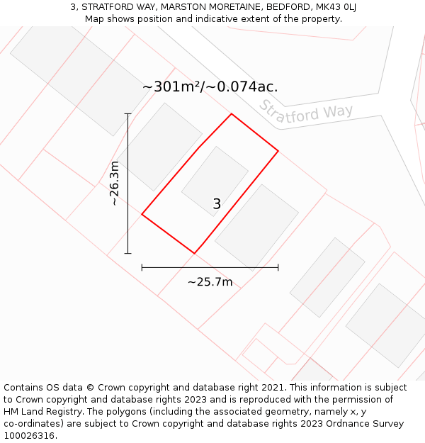 3, STRATFORD WAY, MARSTON MORETAINE, BEDFORD, MK43 0LJ: Plot and title map