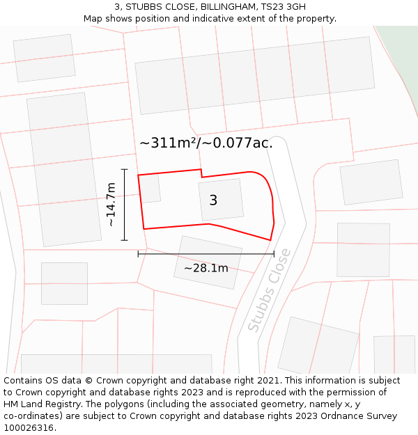 3, STUBBS CLOSE, BILLINGHAM, TS23 3GH: Plot and title map