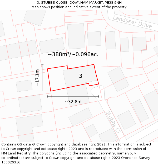 3, STUBBS CLOSE, DOWNHAM MARKET, PE38 9NH: Plot and title map