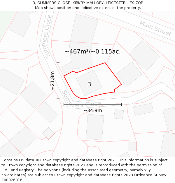 3, SUMMERS CLOSE, KIRKBY MALLORY, LEICESTER, LE9 7QP: Plot and title map