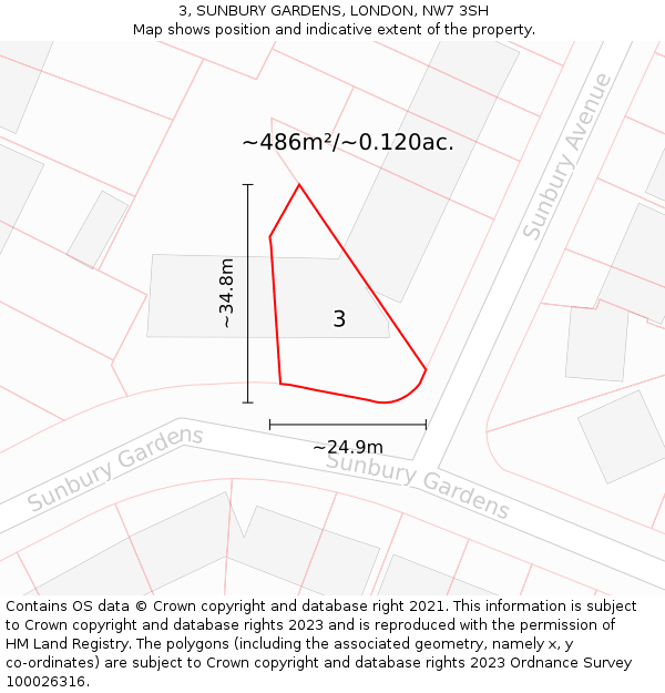 3, SUNBURY GARDENS, LONDON, NW7 3SH: Plot and title map